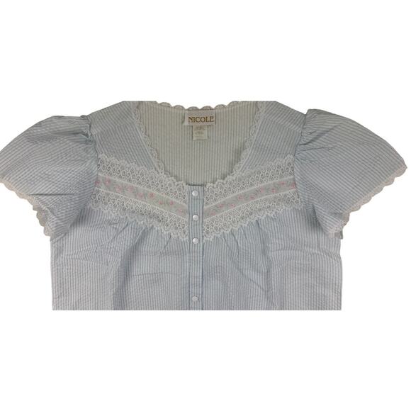 Vtg Nicole Robe Gown Snap Front Womens S Blue White Seersucker Short Sleeve - Picture 3 of 10